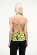 Backless printed tank top with tie halter straps, chartreuse and fish motif