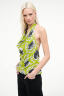 Chartreuse sleeveless tank top with gray and black fish print, V-neck