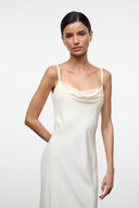 Ivory silk midi slip dress with lace-trim scoop neckline and narrow straps