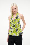 Chartreuse printed sleeveless top with fish graphic and scoop neckline