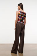 Multicolor striped silk off-shoulder top, back view with wide shoulder band