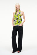 Chartreuse sleeveless tank top with gray and black fish pattern