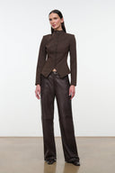 Women's brown fitted jacket with stand collar and button front, tailored waist shape