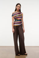 Multicolor striped silk off-shoulder top with gathered drape at neckline
