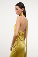 Citron yellow satin halter maxi dress with low open back and side drape