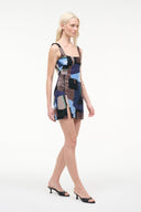 LE SABLE sleeveless mini dress, geometric patchwork in blue and dark tones