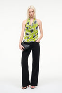 Chartreuse printed sleeveless tank top with black and gray fish pattern