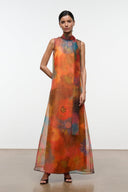 ALBEE dress orange and blue floral sheer maxi with sleeveless high neck and overlay