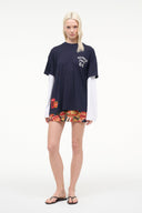 Navy graphic T-shirt with 'Member Since 66' front print and colorful hem panel detail