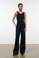 Black sleeveless cowl-neck top with fitted drape and straight hem