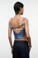 Sleeveless silk top with open back V drape, tan and blue stripe