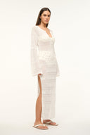 Ivory midi dress, long sleeves, V-neck with button front, textured eyelet detailing