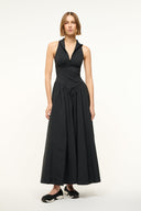 Black sleeveless maxi dress with V-neck and fitted bodice, gathered long skirt