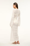 Ivory midi dress with long sleeves, V-neck, and button-front eyelet lace pattern