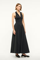 Black V-neck sleeveless maxi dress with belted waist and gathered full skirt