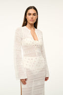 Ivory long-sleeve midi dress with V-neck and button-front, allover geometric lace