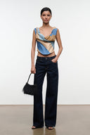Sleeveless silk top with V draped front, tan and blue stripe