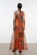 ALBEE dress orange and blue floral sheer maxi with open back and sleeveless cut