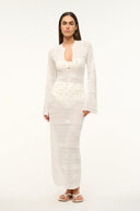 Ivory midi dress with long sleeves and button-front, allover textured lace pattern