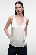 Ivory silk tank top with scoop neck and thin straps (front, close-up)