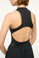 Black sleeveless maxi dress with open back and gathered waist seam detail