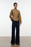 Striped top, back view, long-sleeve vertical stripe blouse with yoke panel