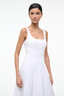 White midi dress with square neckline, fitted bodice, and subtle center seams