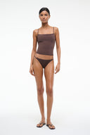 Dark brown tankini top with straight neckline and spaghetti straps