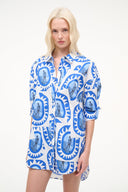 Women’s blue-and-white patterned button-front top, quarter sleeves, open collar
