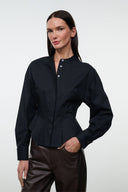 Black button-front top with stand collar and long sleeves, cropped peplum hem