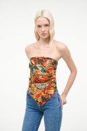 Silk scarf top, strapless travel print with tied detail, worn with blue jeans