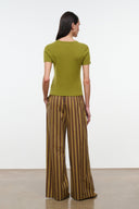 Wide-leg striped pants with drawstring waist, vertical brown and teal stripes