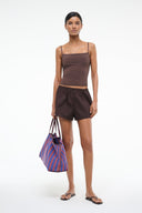 Dark brown tankini top with thin straps and ruched bust