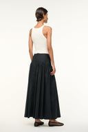 Black midi skirt with gathered waist and full pleated silhouette, back view