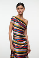 Striped silk maxi dress with diagonal one-shoulder neckline and ruched detail