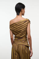 Back view of striped one-shoulder draped top with shoulder tie and gathered back