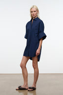 Navy button-front shirt dress with relaxed fit and short wide sleeves