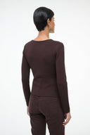 Dark brown long-sleeve top with square back and fitted waist