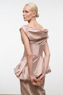 Light rose silk dress with draped cowl back and fitted waist