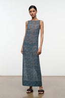 Maxi cover-up dress with sleeveless high neck and vertical multicolor stripes