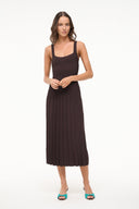 Dark brown sleeveless midi dress with square neckline and vertical ribbed pleats