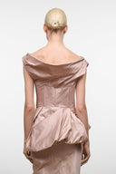 Light rose silk dress, open back with pleated yoke and peplum skirt