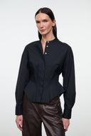 Black long-sleeve top with stand collar, button placket, shaped peplum hem