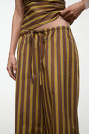 Striped wide-leg pants waistband with drawstring ties, vertical brown and teal stripes