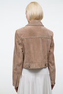 HUGO suede jacket, dune brown; studded back yoke, flap pocket, cropped length.