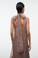 Taupe maxi dress with open back and neck tie detail