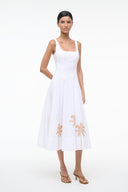 White midi dress with palm embroidery at the hem and sleeveless square neckline