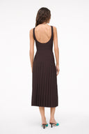 Back view of dark brown sleeveless midi dress with square back and pleated ribs