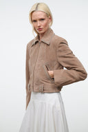 HUGO suede jacket, dune brown; studded collar and diagonal panel on chest pocket.