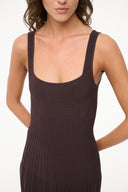 Dark brown sleeveless dress close-up: square neckline with vertical ribbed texture